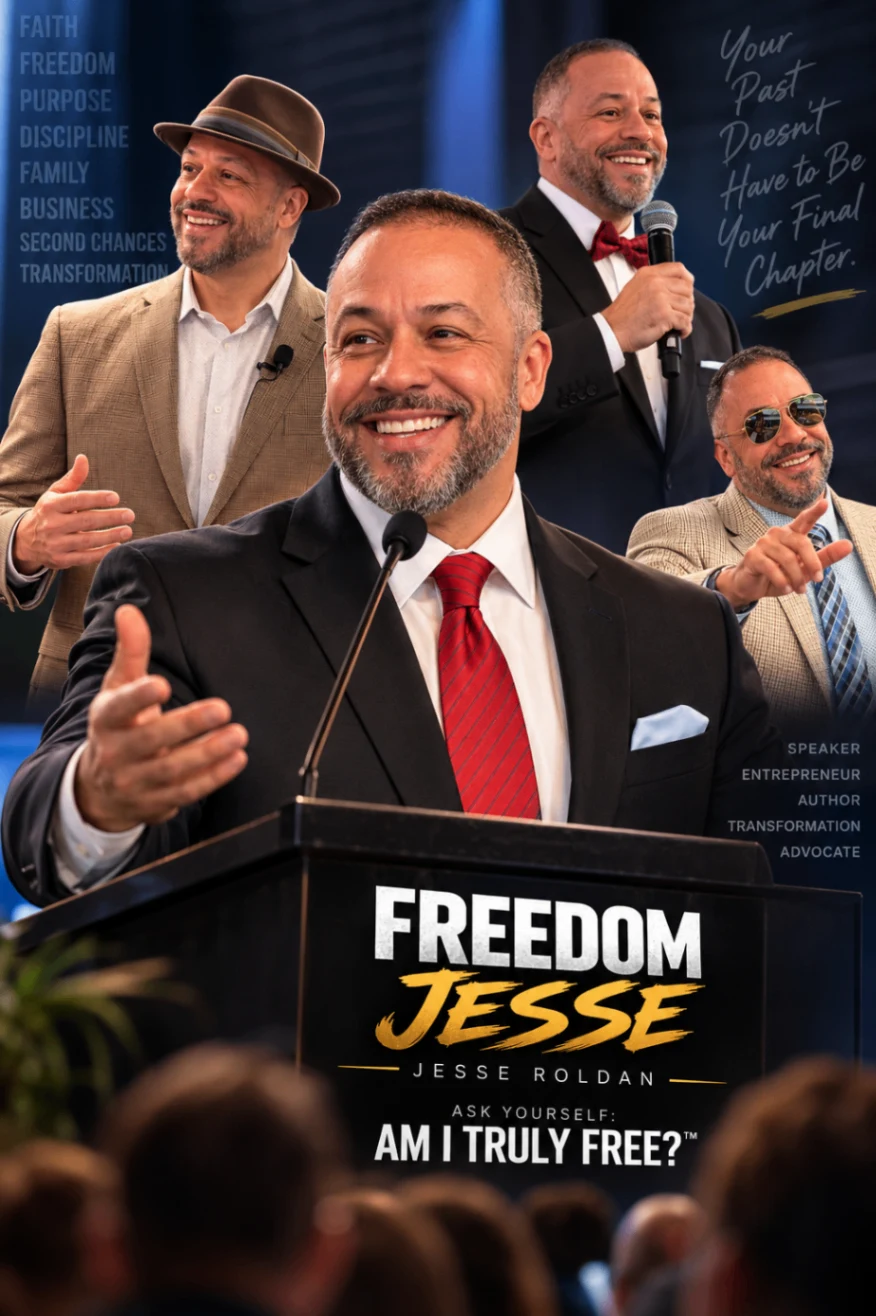 Jesse Roldan speaking at a podium, with different chapters of his work shown behind him
