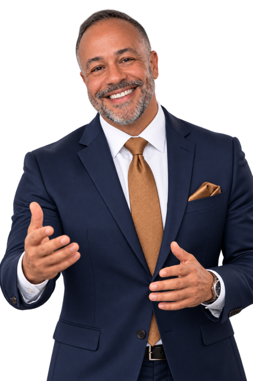 Jesse Roldan in a navy suit, white shirt, caramel tie, and caramel pocket handkerchief